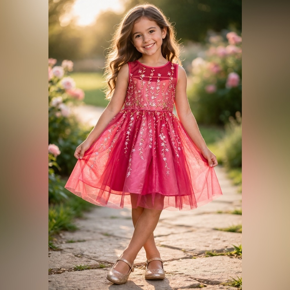 Joan Michelle embroidered Pink fashion party Dress for girls/size 5